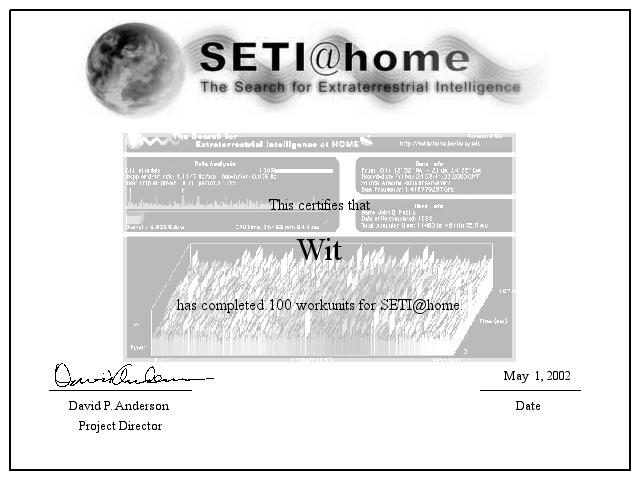Wit's SETI Certificate of Computation 100 workunits